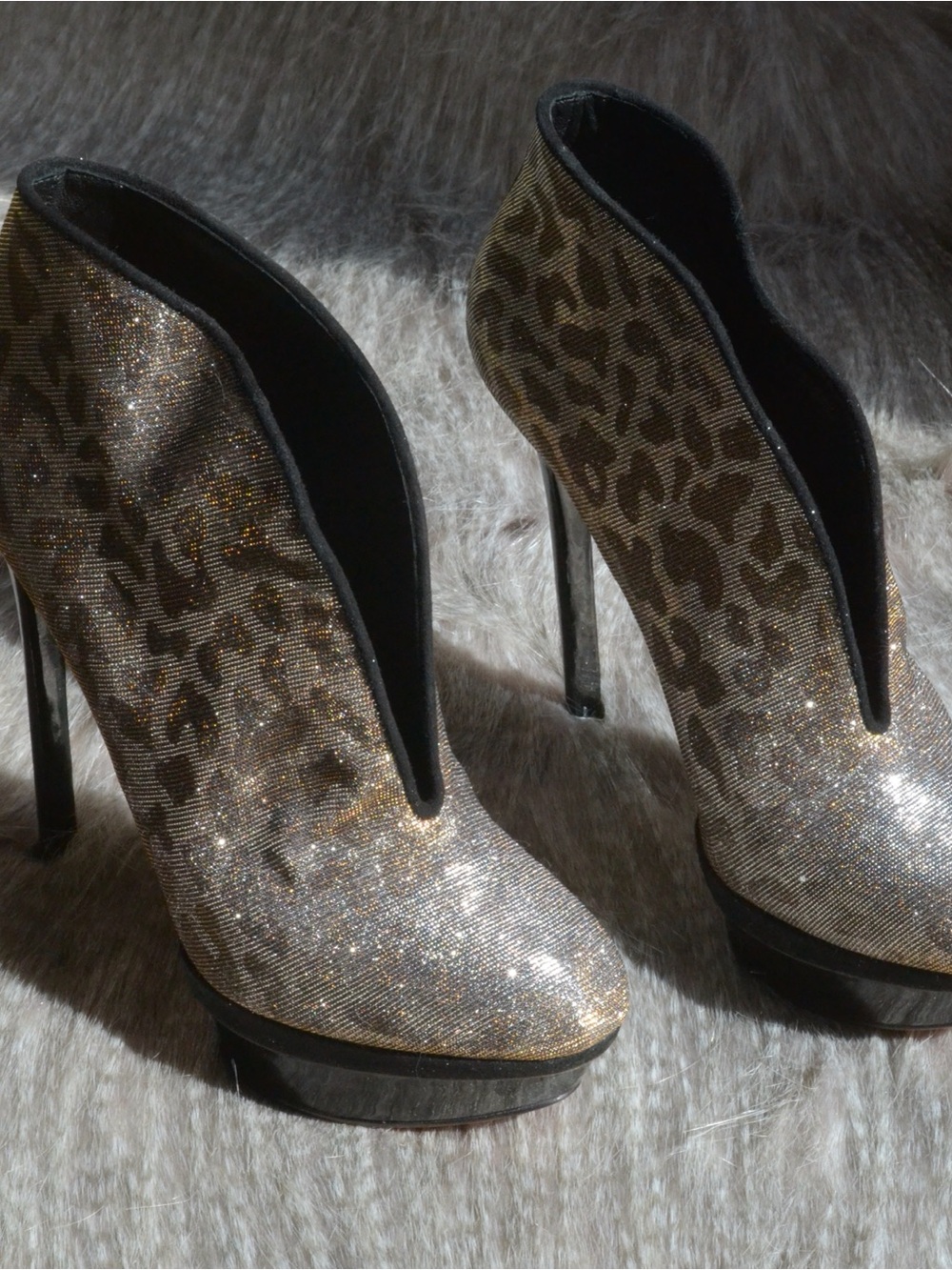 Brian Atwood Gold Glitter Leopard V-Cut Stiletto Booties